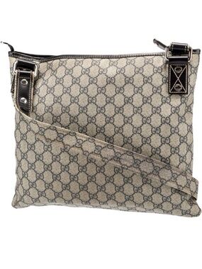 Vintage Gucci Beige GG Canvas Crossbody with Dark Blue Leather Trim. Authentic